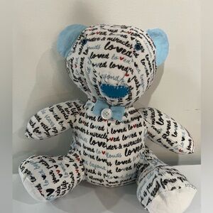 Blue and White Script Teddy Bear